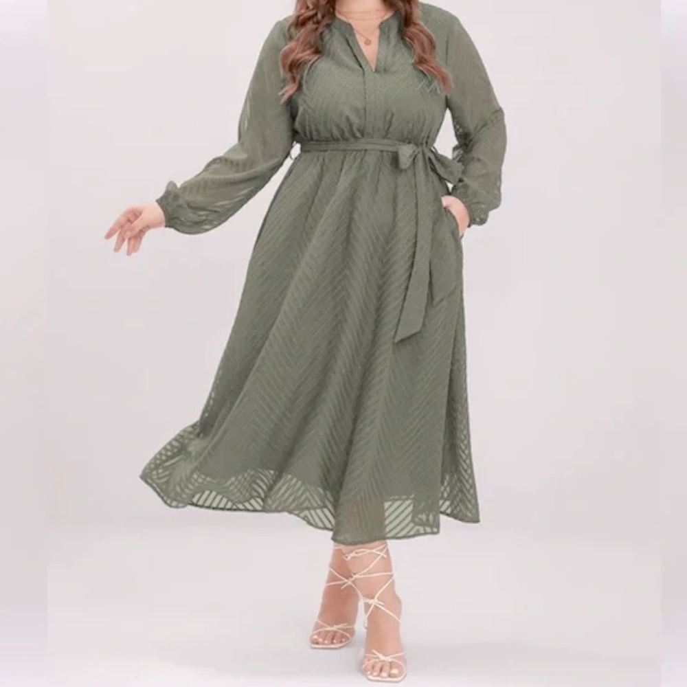 Geometric Pocket Mesh Lantern Sleeve Belted Dress